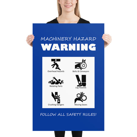 A blue machinery hazard warning sign with infographics of 6 various possible injuries.