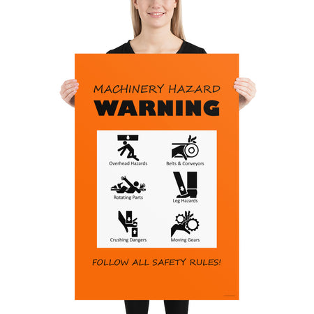 An orange machinery hazard warning sign with infographics of 6 various possible injuries.