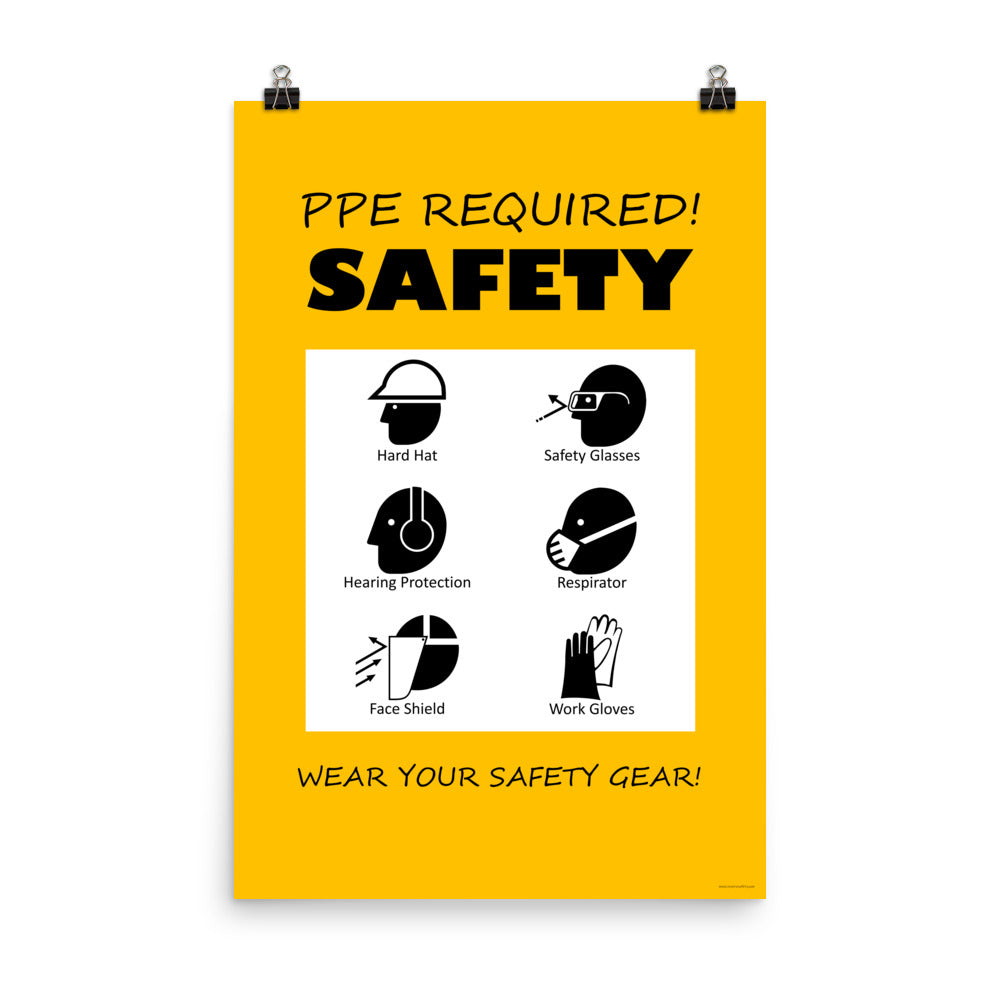 A safety poster that says "PPE Required! Safety, Wear Your Safety Gear!" with infographic icons on a bright yellow background.