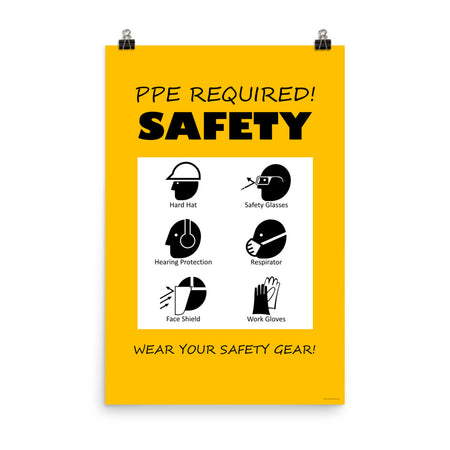 A safety poster that says "PPE Required! Safety, Wear Your Safety Gear!" with infographic icons on a bright yellow background.