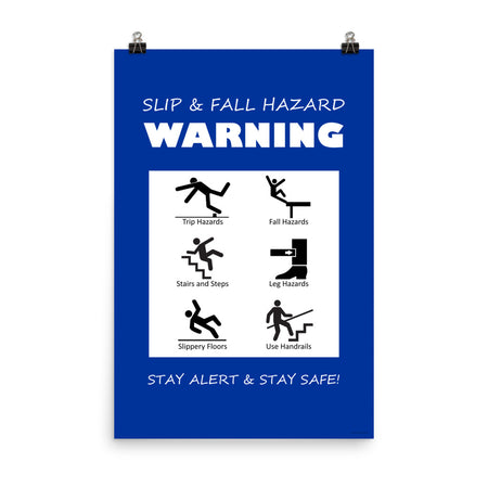 A blue poster with bold white text that says "slip and fall hazard warning, stay alert and stay safe" with 6 diagrams of people being slipping, tripping, and falling in various ways.