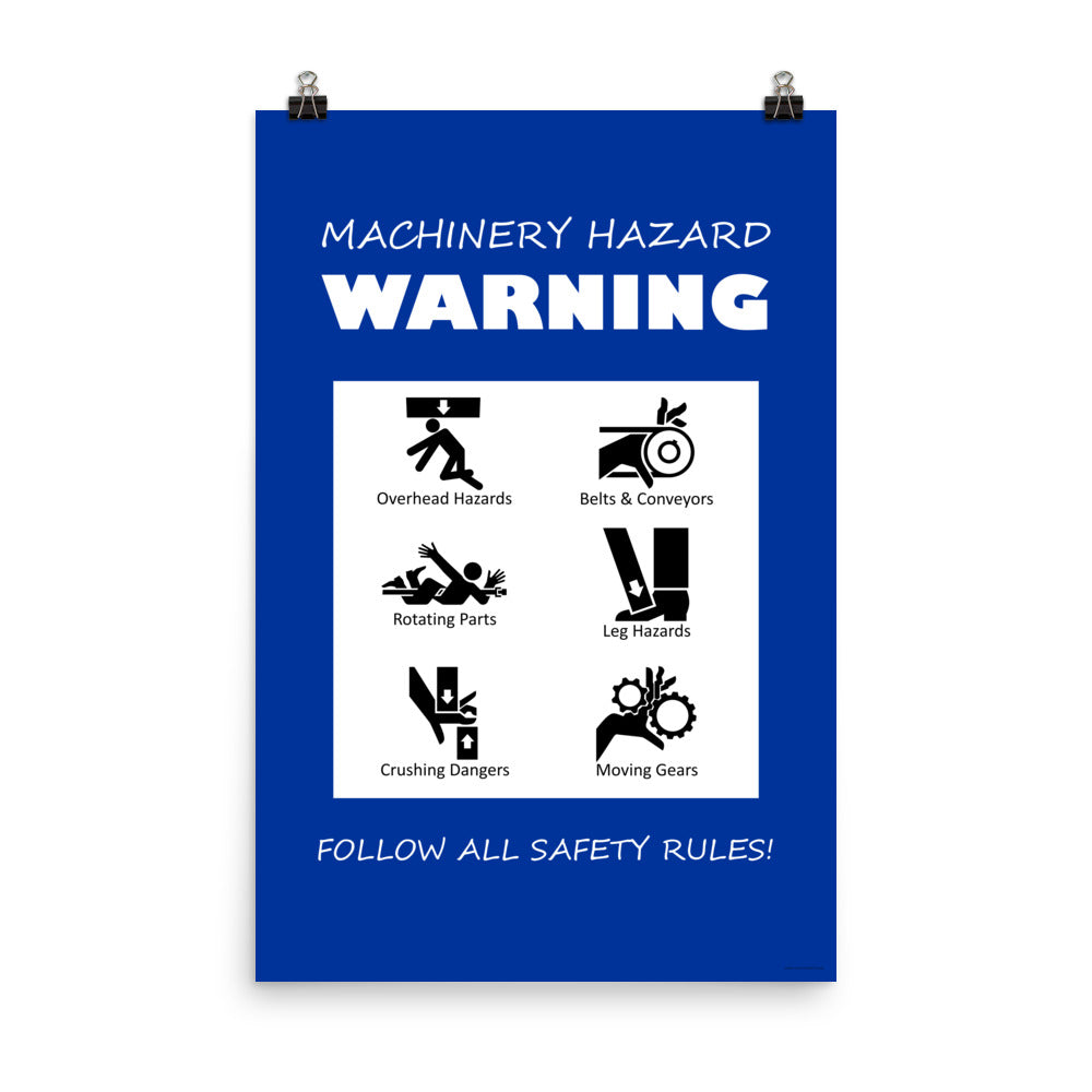 A blue machinery hazard warning sign with infographics of 6 various possible injuries.