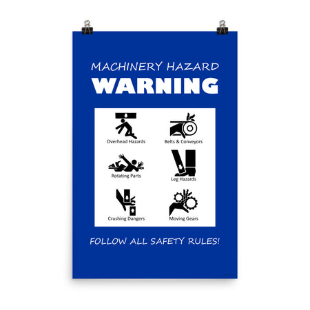 A blue machinery hazard warning sign with infographics of 6 various possible injuries.