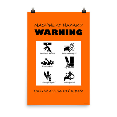 An orange machinery hazard warning sign with infographics of 6 various possible injuries.