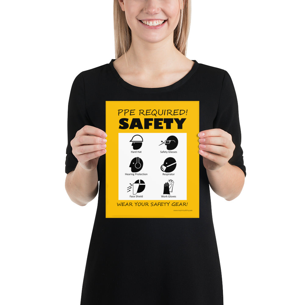 A safety poster that says "PPE Required! Safety, Wear Your Safety Gear!" with infographic icons on a bright yellow background.