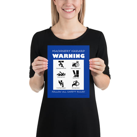 A blue machinery hazard warning sign with infographics of 6 various possible injuries.