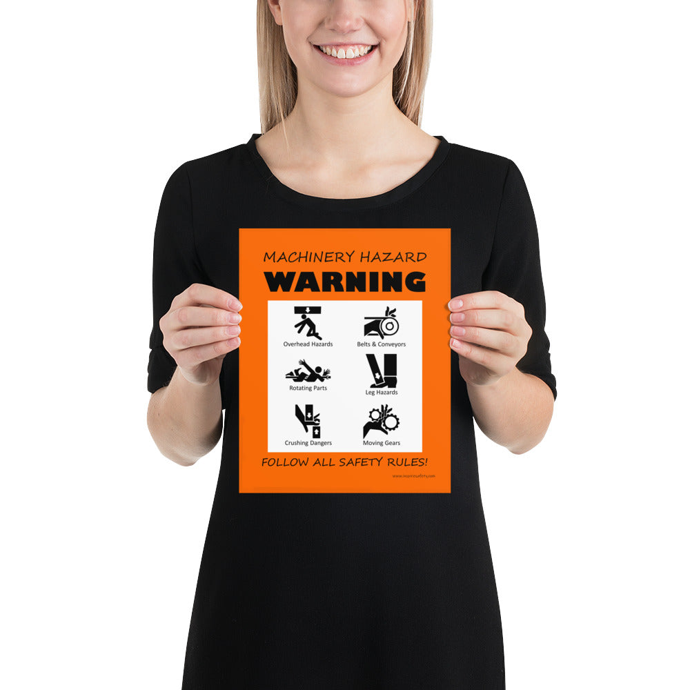 An orange machinery hazard warning sign with infographics of 6 various possible injuries.