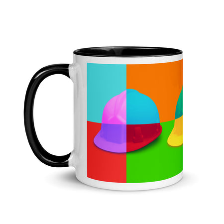 White ceramic mug with a bold hard hat pop art print with black color on the inside, the rim, and the handle.