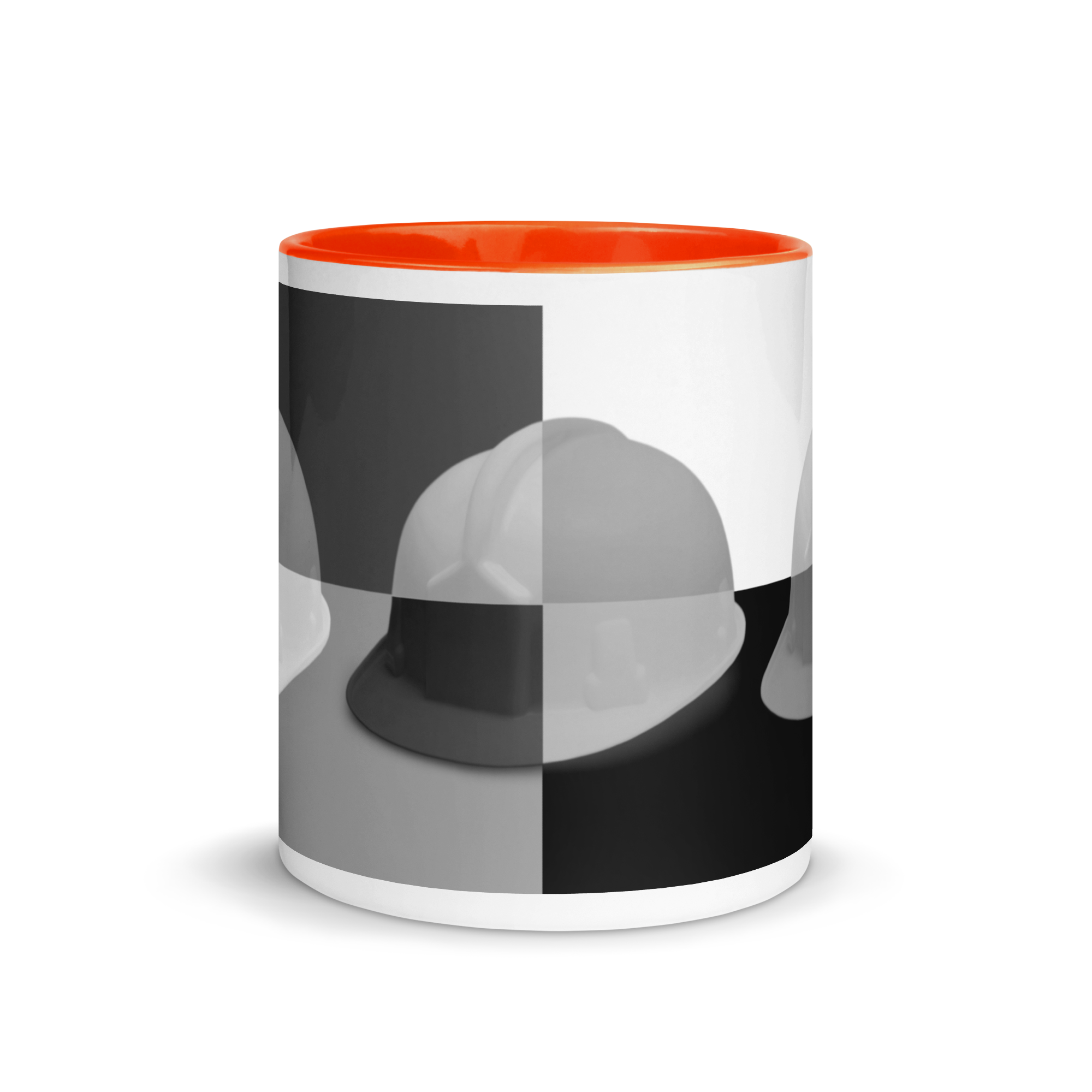 White ceramic mug with a bold hard hat pop art print in a black and grey colorway with orange color on the inside, the rim, and the handle.