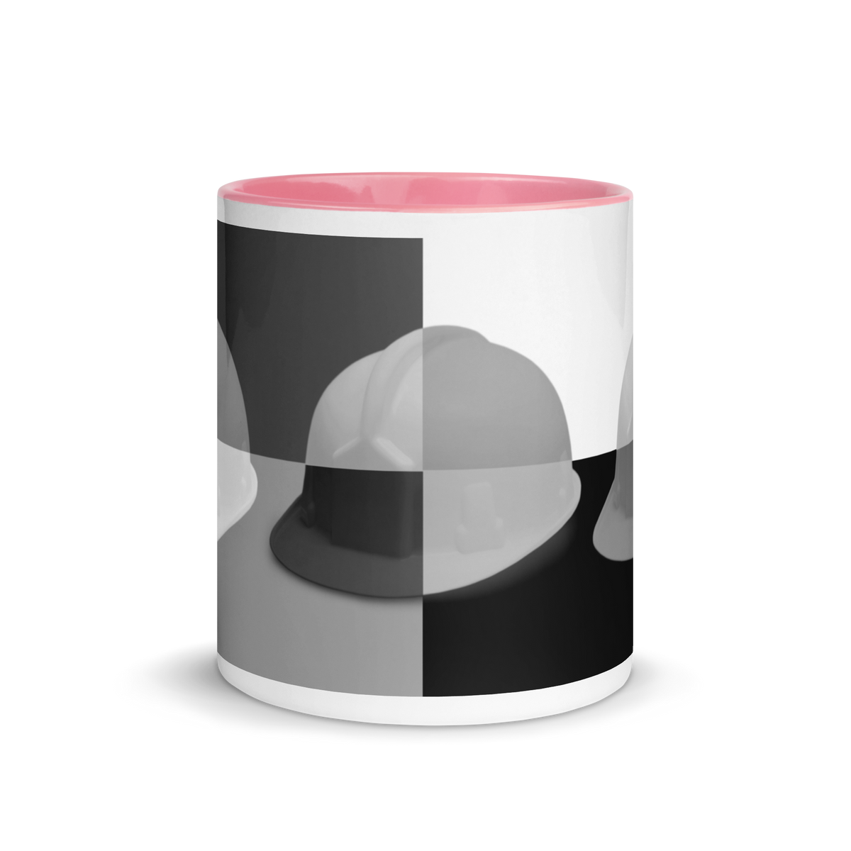 White ceramic mug with a bold hard hat pop art print in a black and grey colorway with pink color on the inside, the rim, and the handle.