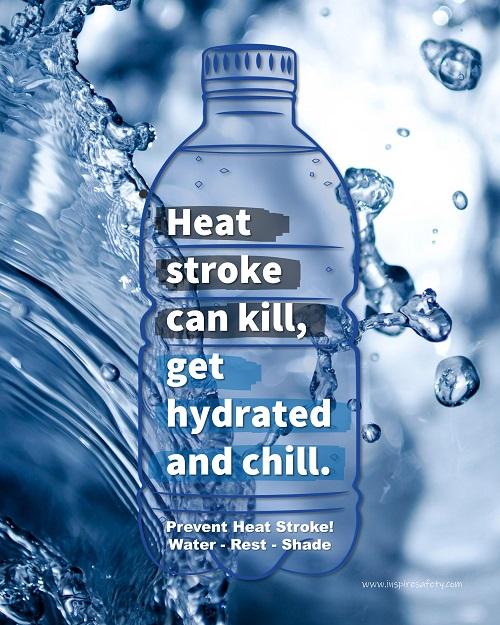 A heat stress safety poster with an outline of a water bottle and and an image of water splashes in the background with safety slogan text inside the water bottle.
