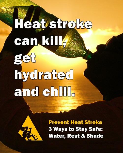 A heat stress safety poster of a person at sunset silhouetted and drinking water from a huge water bottle with text in the foreground.