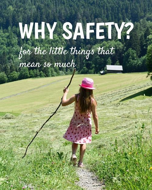 A workplace safety poster showing a hillside landscape in the country with a quaint house in the background and a little girl in a cute pink hat and dress playing with a large stick with the slogan why safety? for the little things that mean so much.