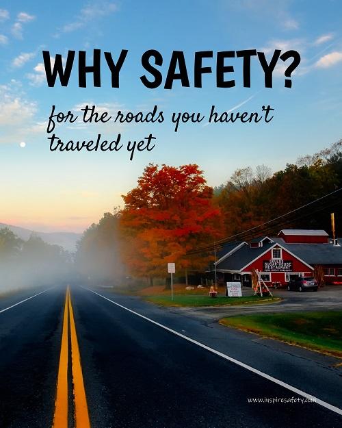 A workplace safety poster showing a tourist restaurant on the side of a road in autumn with the trees changing colors and an ethereal fog rolling over the road with the slogan why safety? for the roads you haven't traveled yet.