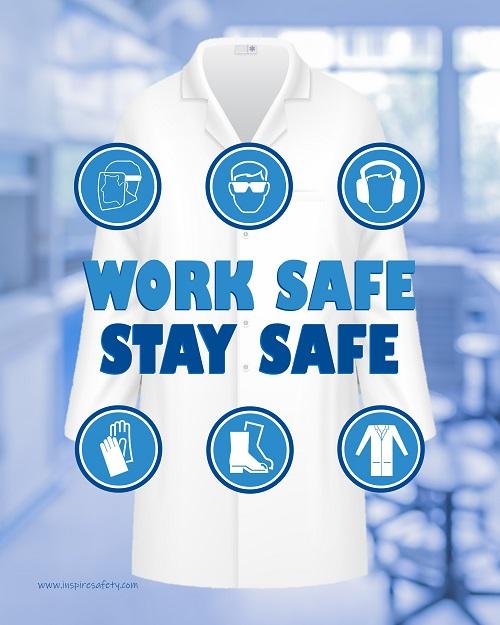 A workplace safety poster showing a blurred blue tinted lab in the background with a bright white lab coat and different blue infographic bubbles of PPE around the slogan work safe, stay safe.