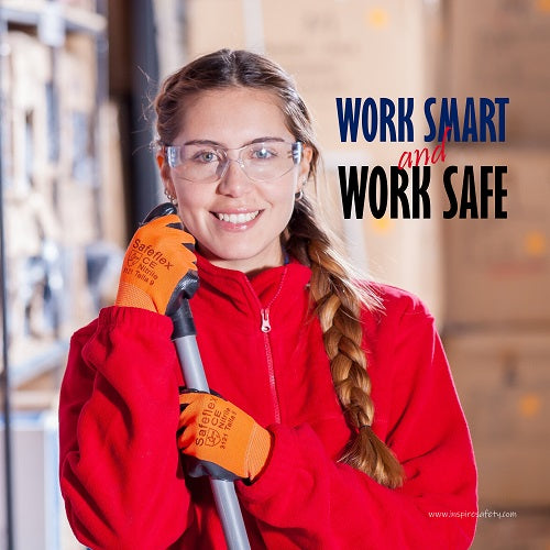 A workplace safety poster showing a warehouse worker wearing gloves and safety glasses and holding a broom and smiling with the slogan work smart and work safe.