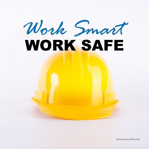 A safety poster showing a close-up of a yellow hard hat on a white background with the slogan work smart and work safe.