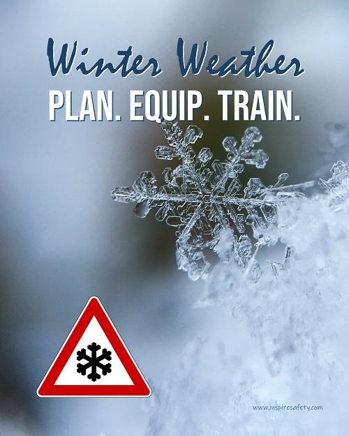 A safety poster showing a close-up of a real snowflake crystal and a hazard snow symbol in the bottom left corner with the slogan winter weather, plan, equip, train.