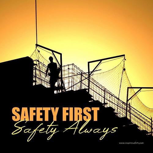 A workplace safety poster showing a construction site and construction workers being silhouetted by a bright and beautiful sunset of different shades of orange with the slogan safety first, safety always.