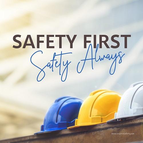 A workplace safety poster showing a white, a yellow, and a blue hardhat sitting on a wall with the slogan safety first, safety always.