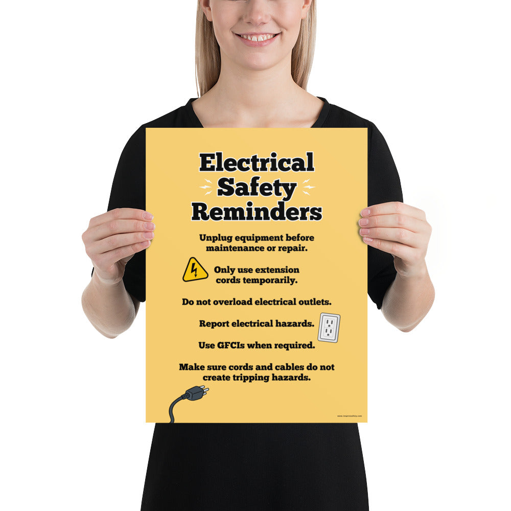 A workplace safety poster with a light gold background and large text saying "Electrical Safety Reminders" with a list underneath it of various electrical safety tips.