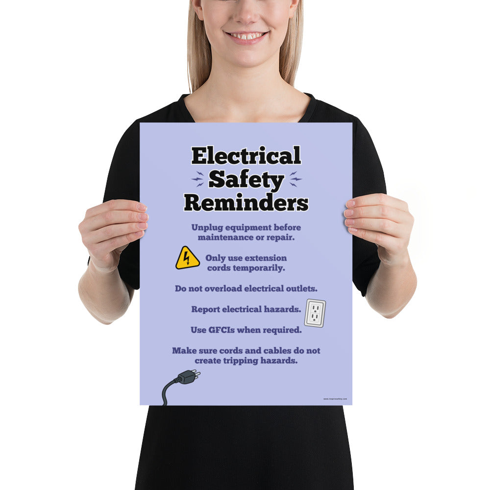 A workplace safety poster with a light purple background and large text saying "Electrical Safety Reminders" with a list underneath it of various electrical safety tips.