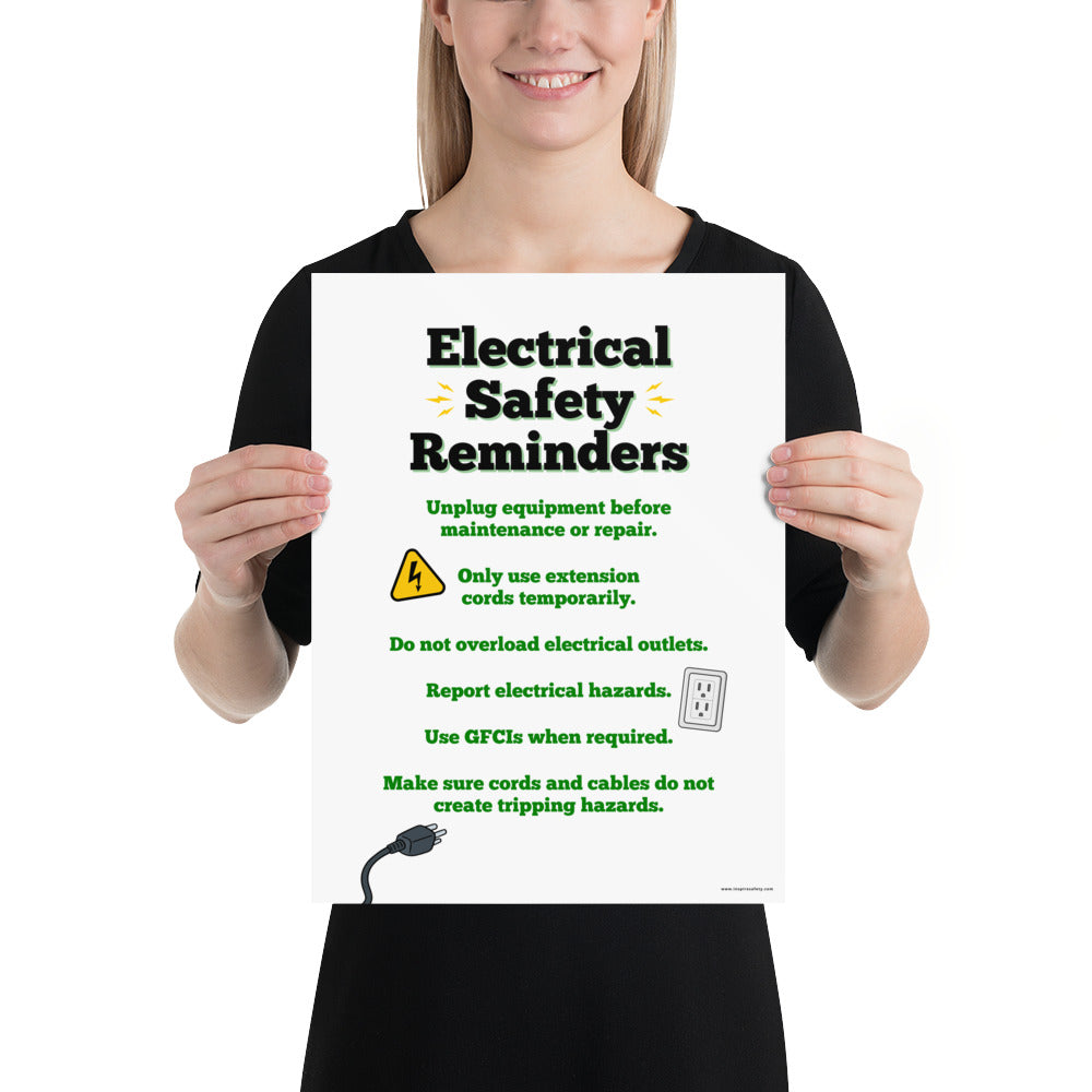 A workplace safety poster with large text saying "Electrical Safety Reminders" with a list underneath it of various electrical safety tips.