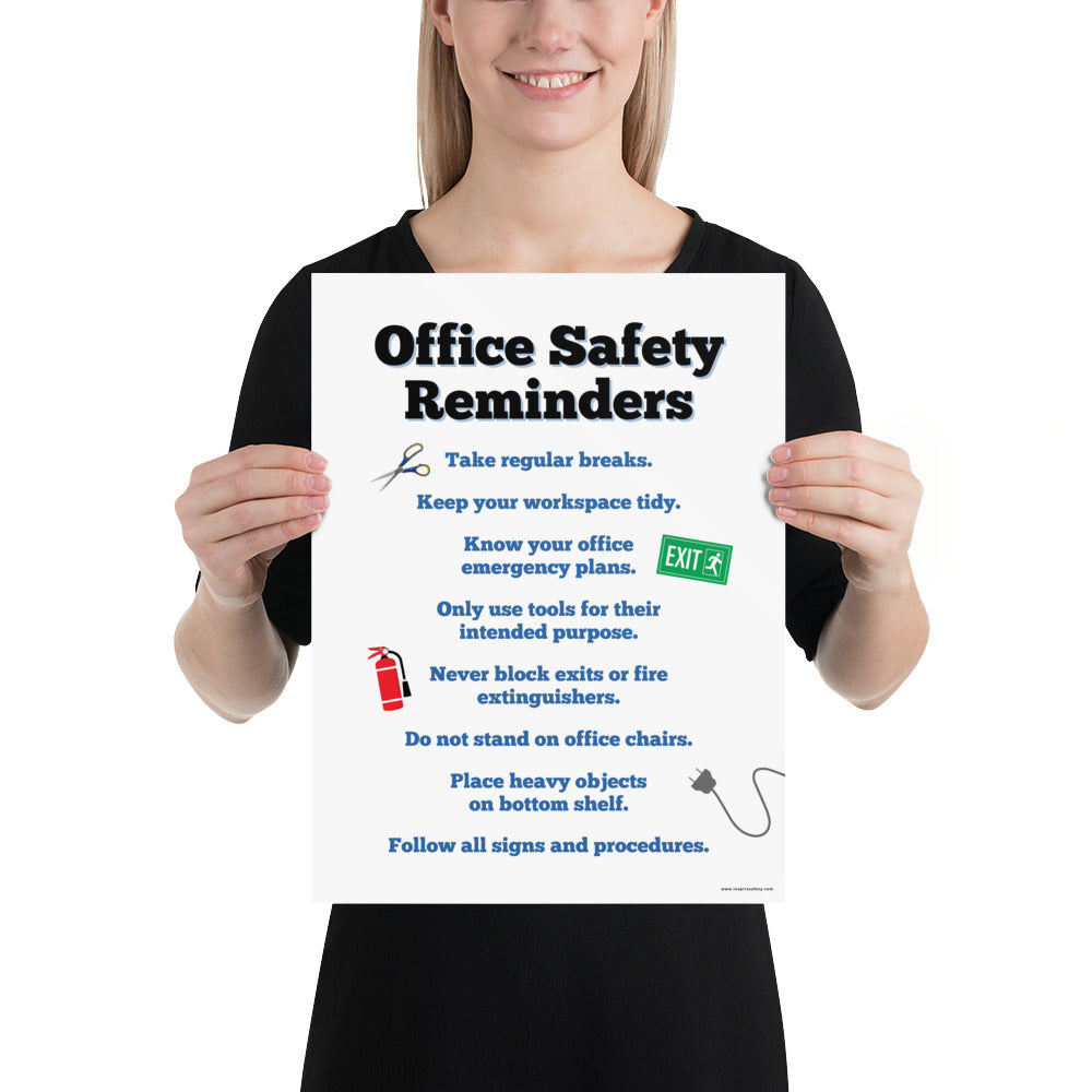 An office safety poster with large text saying "Office Safety Reminders" with a list underneath it of various office safety tips.