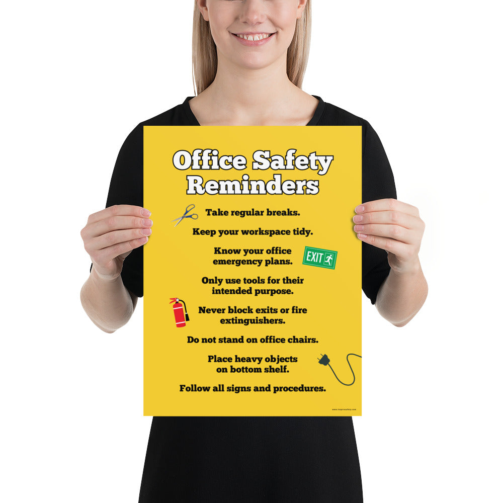 An office safety poster with a bright yellow background and large text saying "Office Safety Reminders" with a list underneath it of various office safety tips.