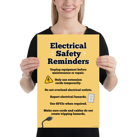 A workplace safety poster with a light gold background and large text saying "Electrical Safety Reminders" with a list underneath it of various electrical safety tips.