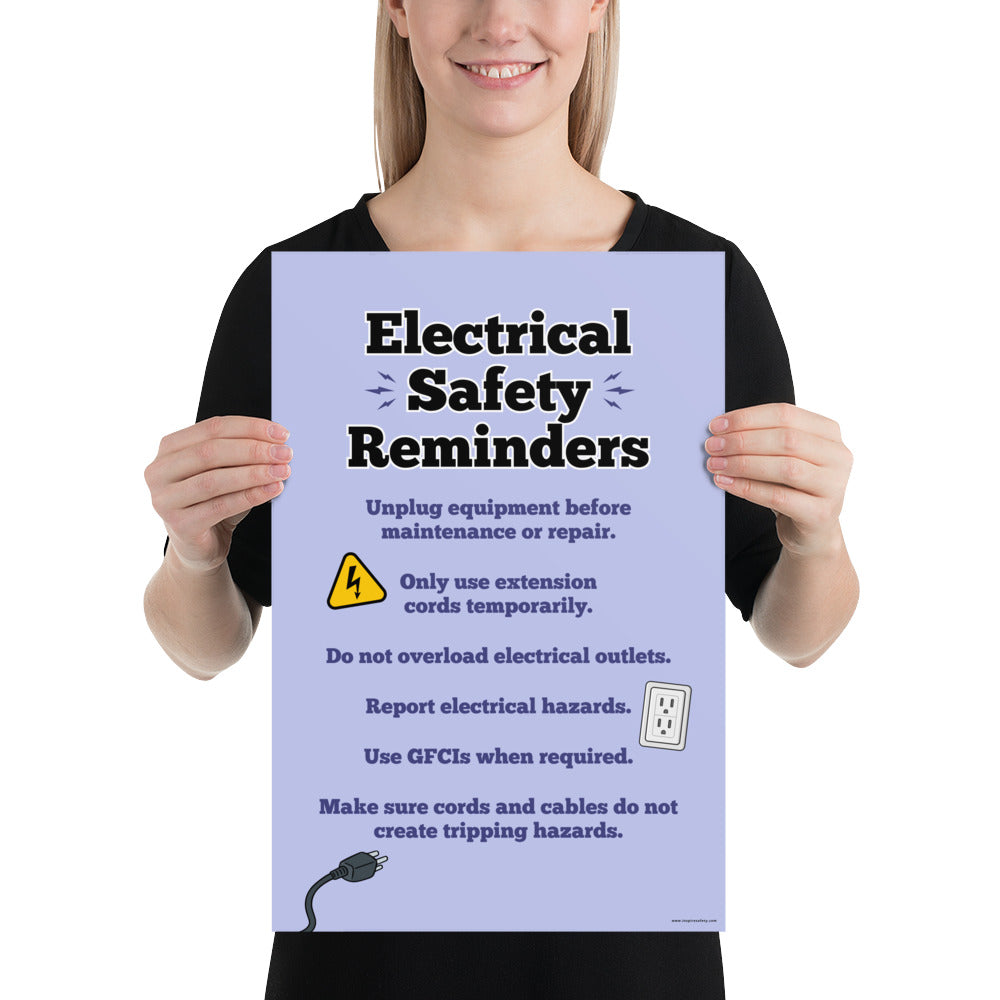 A workplace safety poster with a light purple background and large text saying "Electrical Safety Reminders" with a list underneath it of various electrical safety tips.