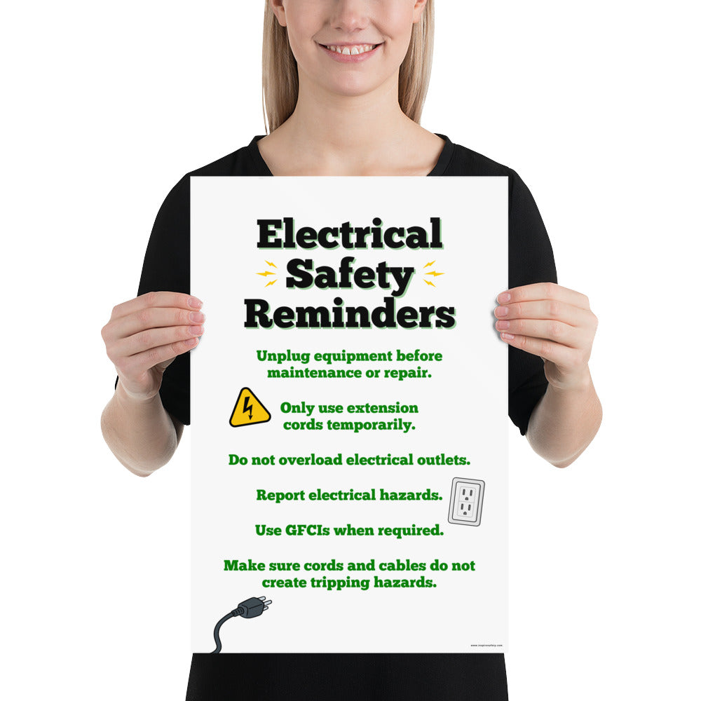 A workplace safety poster with large text saying "Electrical Safety Reminders" with a list underneath it of various electrical safety tips.