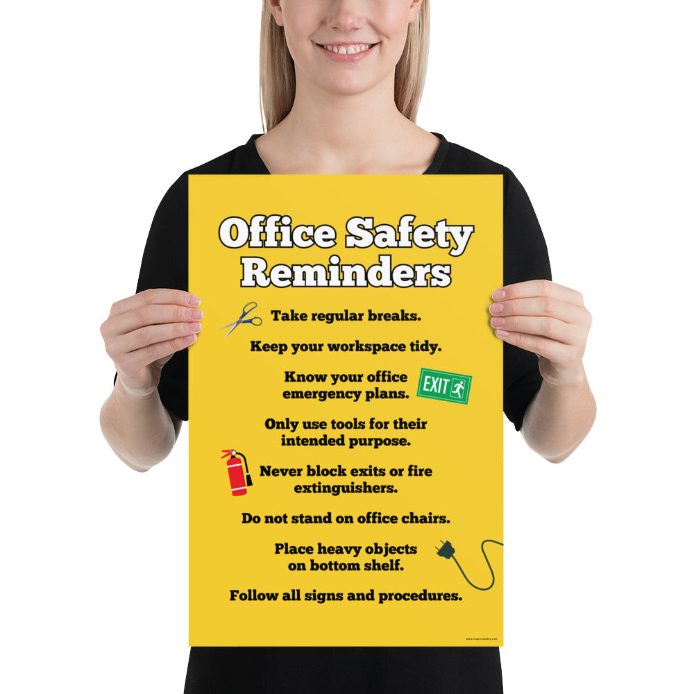 An office safety poster with a bright yellow background and large text saying "Office Safety Reminders" with a list underneath it of various office safety tips.