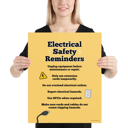 A workplace safety poster with a light gold background and large text saying "Electrical Safety Reminders" with a list underneath it of various electrical safety tips.