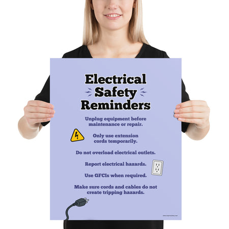 A workplace safety poster with a light purple background and large text saying "Electrical Safety Reminders" with a list underneath it of various electrical safety tips.