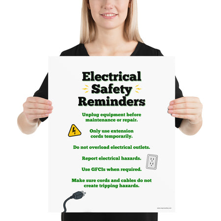 A workplace safety poster with large text saying "Electrical Safety Reminders" with a list underneath it of various electrical safety tips.