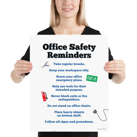 An office safety poster with large text saying "Office Safety Reminders" with a list underneath it of various office safety tips.