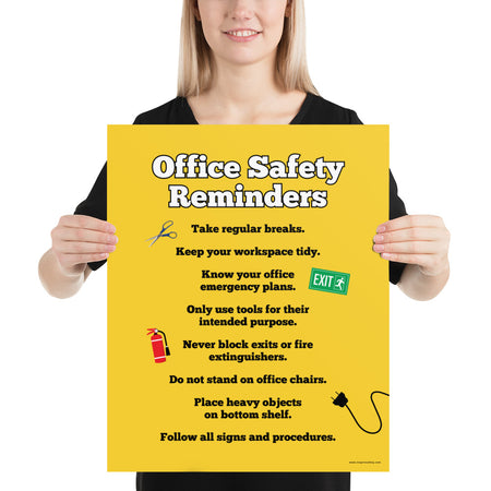 An office safety poster with a bright yellow background and large text saying "Office Safety Reminders" with a list underneath it of various office safety tips.