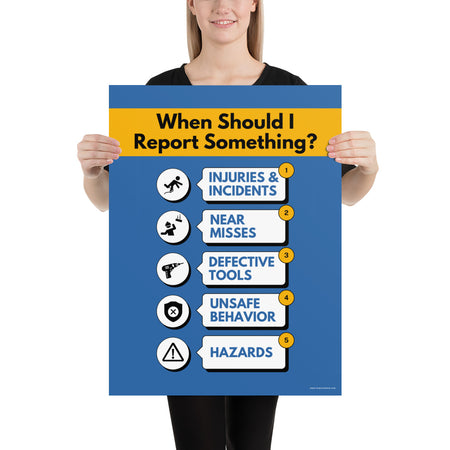 A blue workplace safety poster with a vivid orange title that says "When Should I Report Something?" with 5 scenarios depicted with infographics on when you should report an incident to a supervisor.