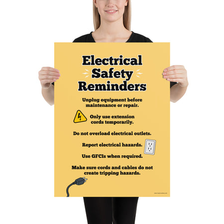 A workplace safety poster with a light gold background and large text saying "Electrical Safety Reminders" with a list underneath it of various electrical safety tips.