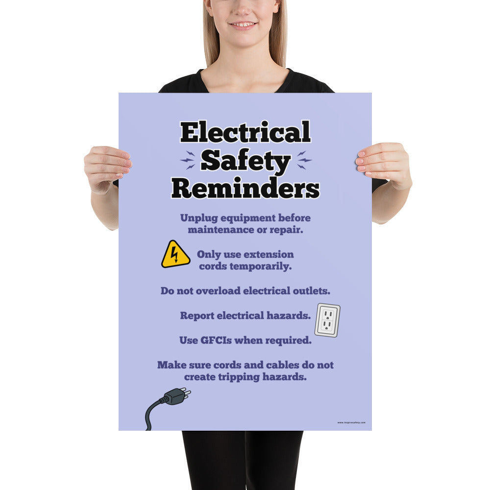 A workplace safety poster with a light purple background and large text saying "Electrical Safety Reminders" with a list underneath it of various electrical safety tips.