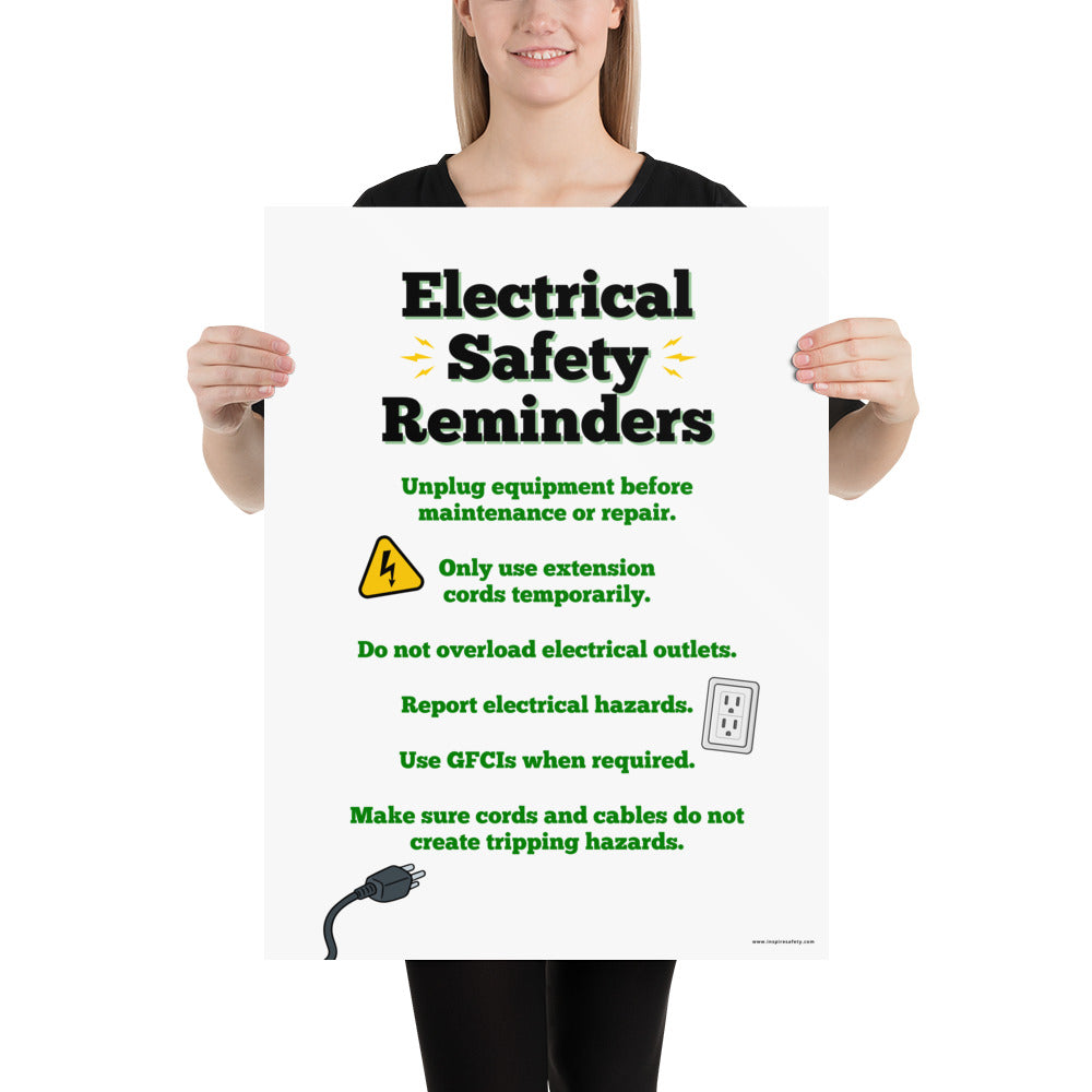 A workplace safety poster with large text saying "Electrical Safety Reminders" with a list underneath it of various electrical safety tips.