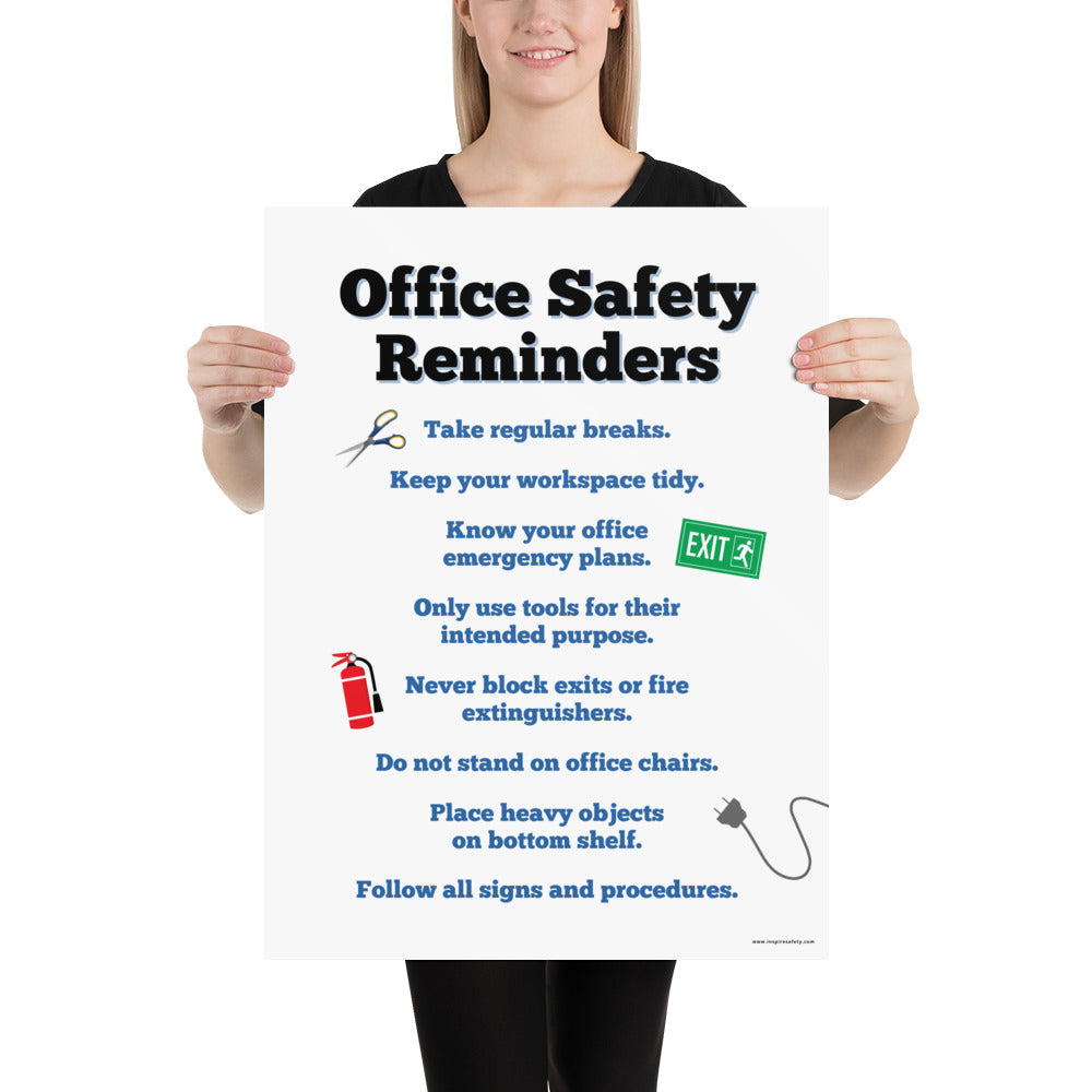 An office safety poster with large text saying "Office Safety Reminders" with a list underneath it of various office safety tips.