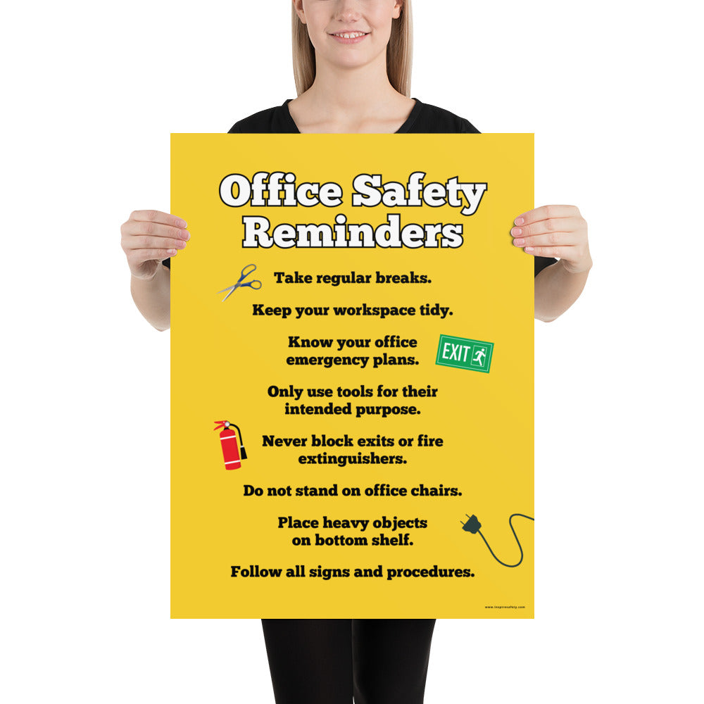 An office safety poster with a bright yellow background and large text saying "Office Safety Reminders" with a list underneath it of various office safety tips.