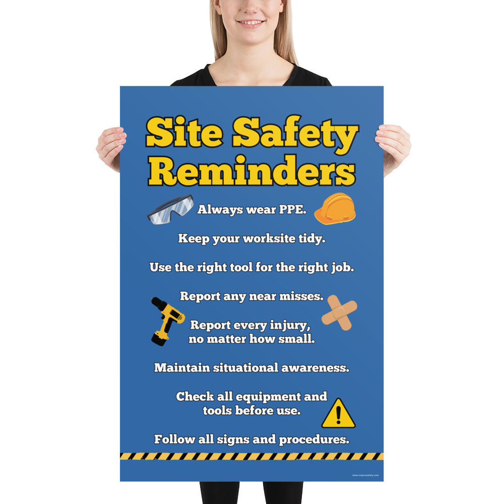 A workplace safety poster with bold yellow text saying "Site Safety Reminders" with a list of important reminders when working on a construction site with small images of construction related objects to the sides of the poster.