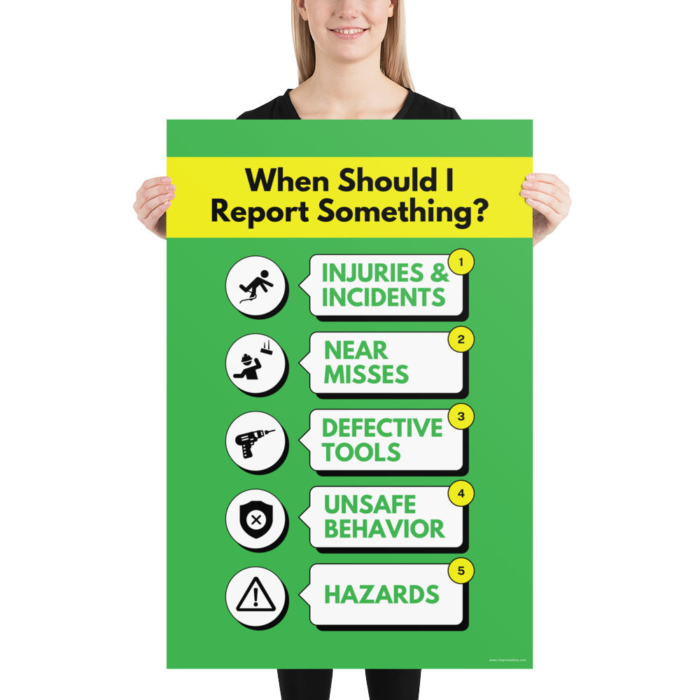 A bright green workplace safety poster with a vivid yellow title that says "When Should I Report Something?" with 5 scenarios depicted with infographics on when you should report an incident to a supervisor.