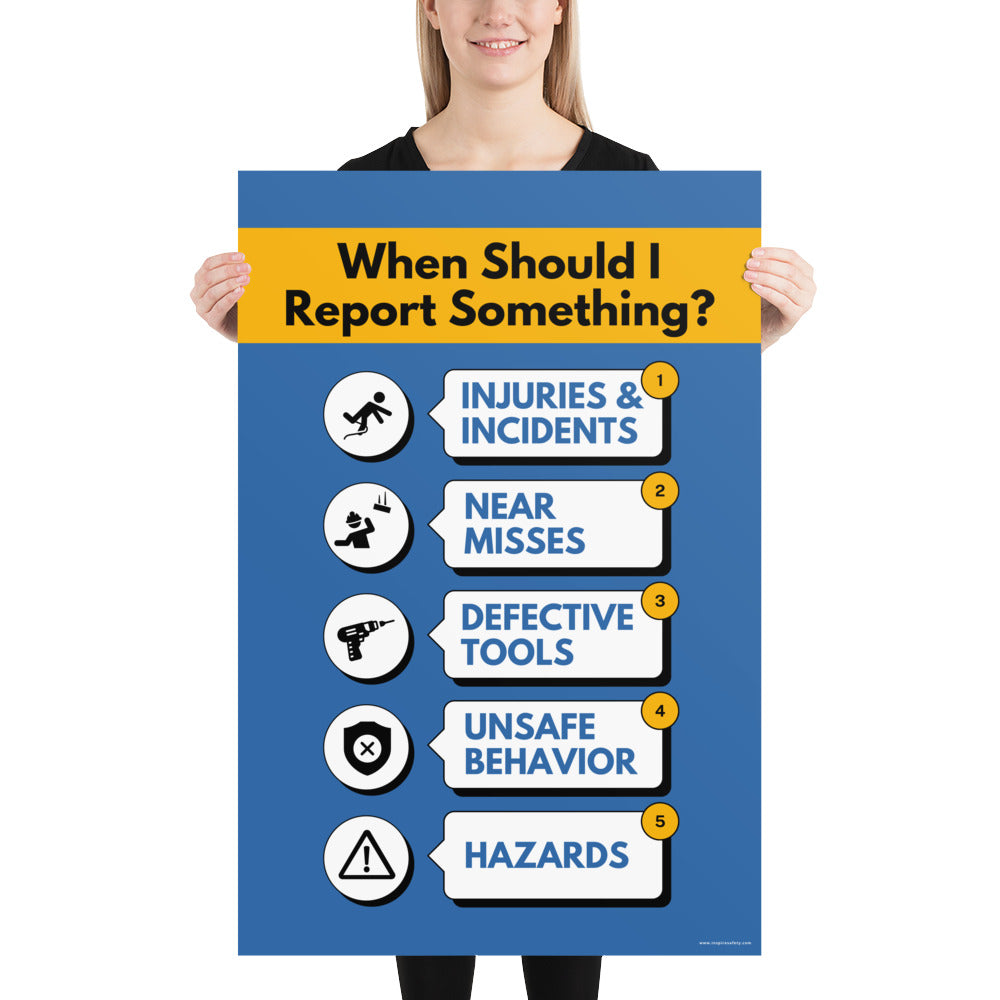 A blue workplace safety poster with a vivid orange title that says "When Should I Report Something?" with 5 scenarios depicted with infographics on when you should report an incident to a supervisor.
