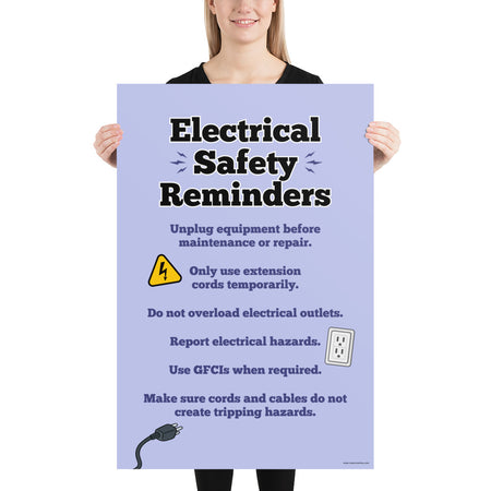 A workplace safety poster with a light purple background and large text saying "Electrical Safety Reminders" with a list underneath it of various electrical safety tips.