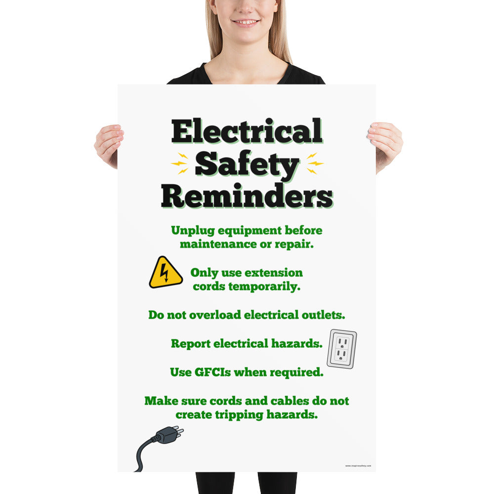 A workplace safety poster with large text saying "Electrical Safety Reminders" with a list underneath it of various electrical safety tips.