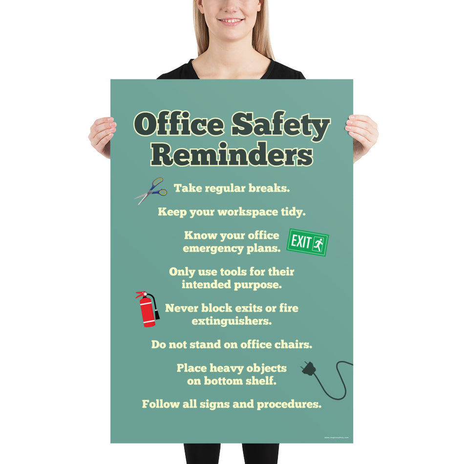 An office safety poster with a muted teal background and large text saying "Office Safety Reminders" with a list underneath it of various office safety tips.